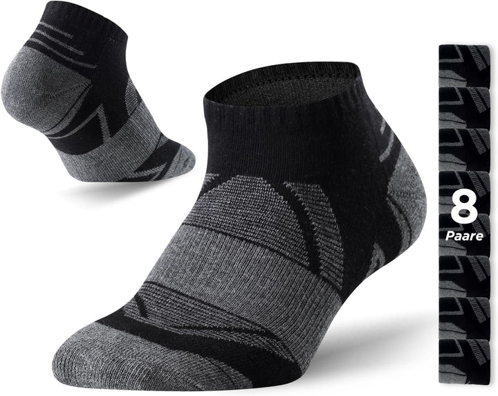 Set 8 sosete sport barbati din bumbac, scurte, talpa captusita si antiderapante, negru cu gri, 47-50