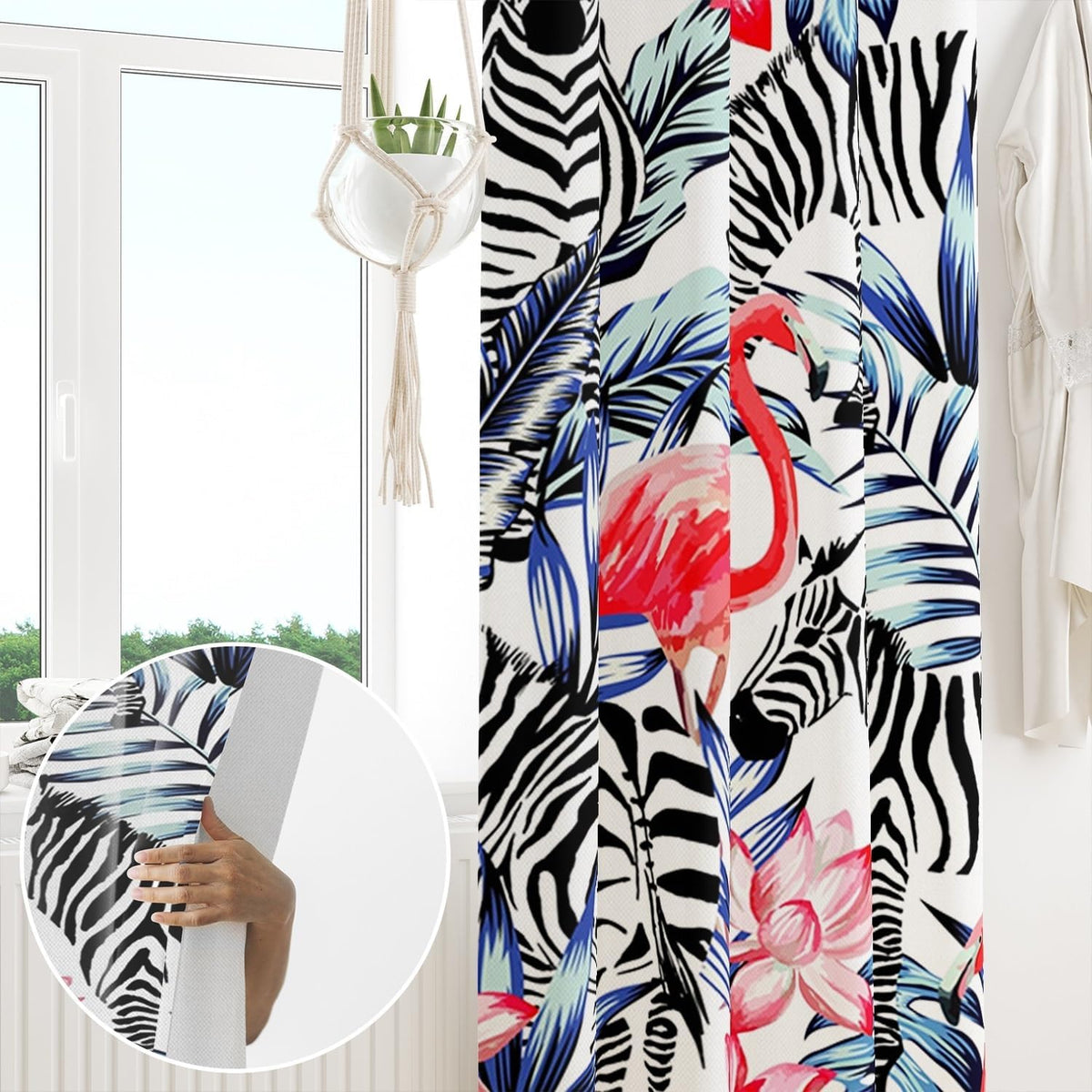 Draperie pentru cameră copii, model safari cu flamingo și zebră, 107 x 160 cm, cu buzunar pentru galerie, 1 panou