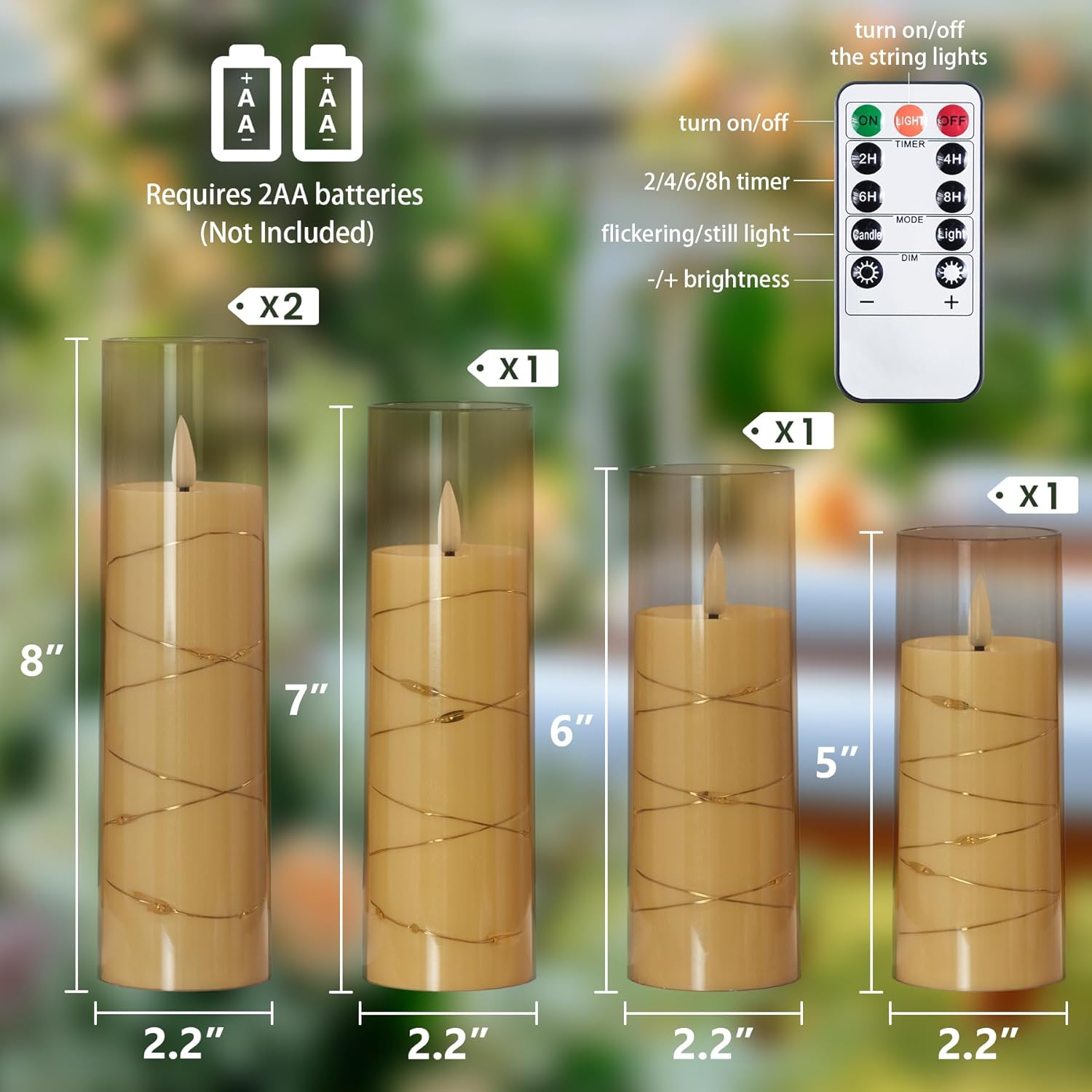 Set 5 lumanari LED tip stalp, plastic, 5,5 x 12,5-20 cm, cu timer si efect palpaire, auriu