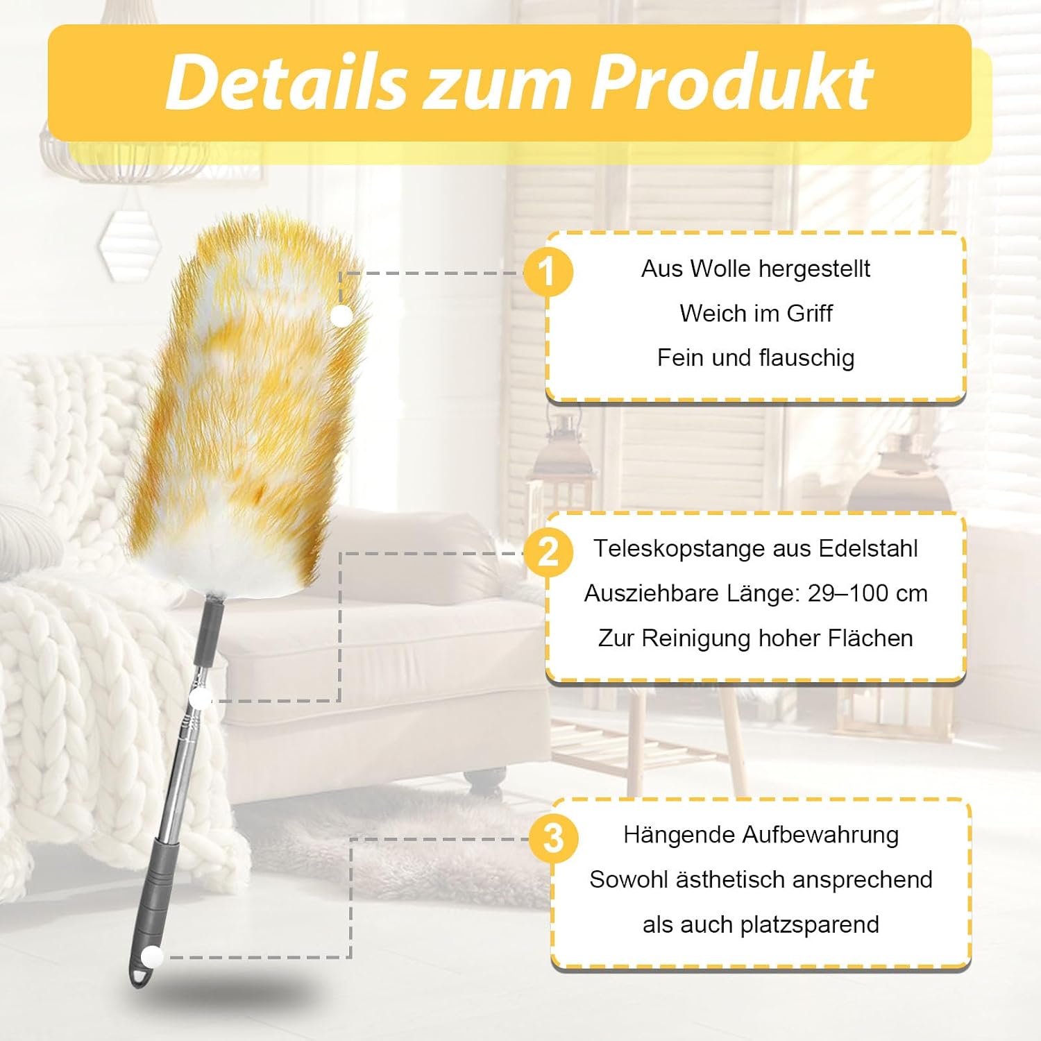 Extendable Lambswool Duster Extendable up to 130 cm Lambswool Duster Telescopic Washable for Blankets, Sensitive Surfaces, Private, Office
