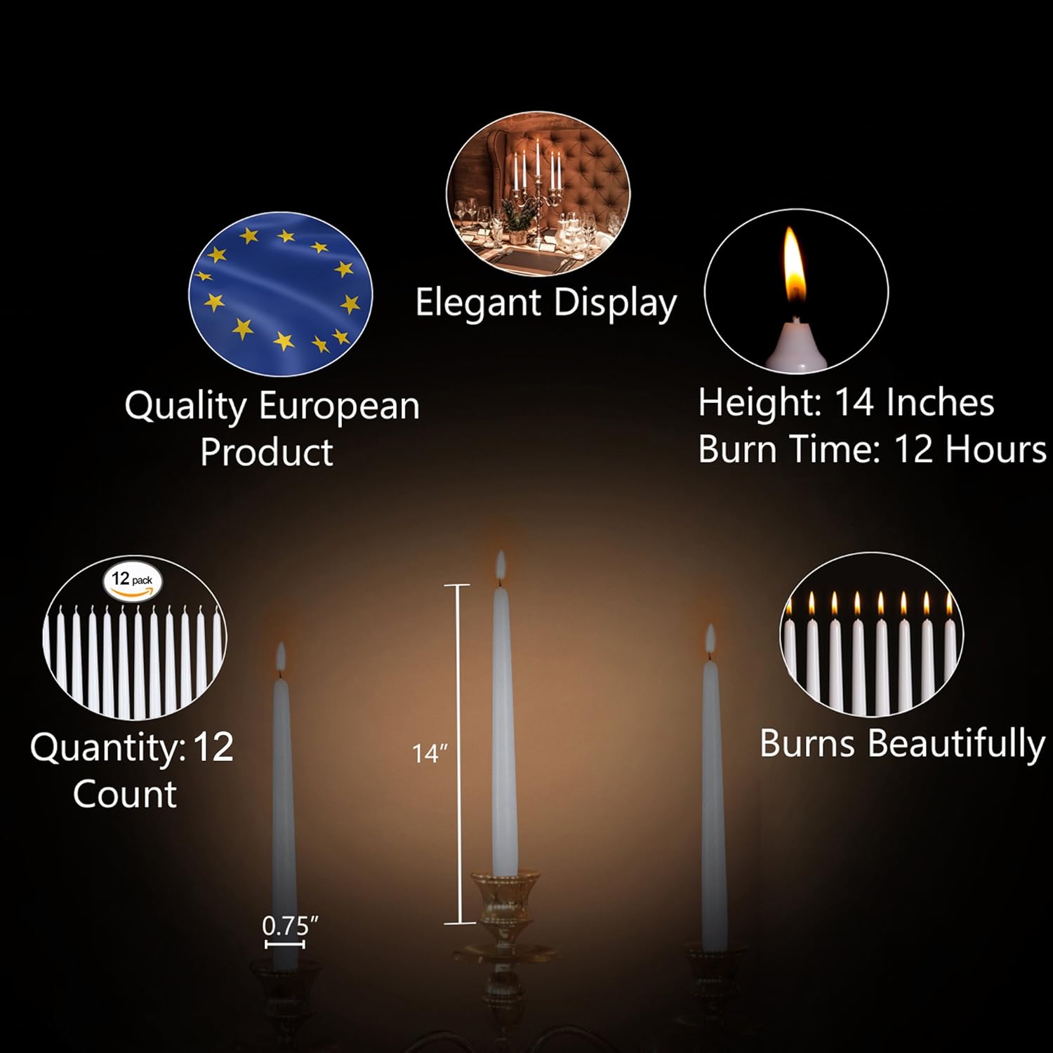 Set 12 lumânări conice pentru masă, 35,6 cm, ceară de parafină, fără parfum, verde țelină