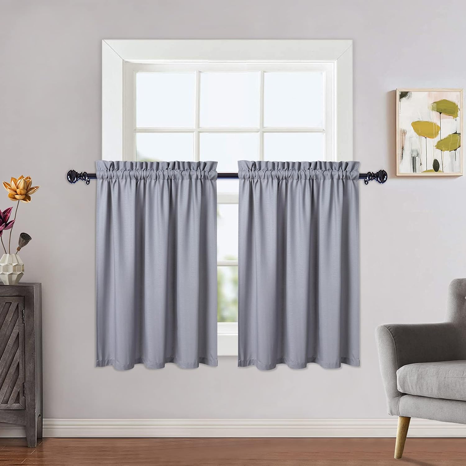 Set 2 perdele scurte, model în relief, 76 x 91 cm, rezistente la apă, gri
