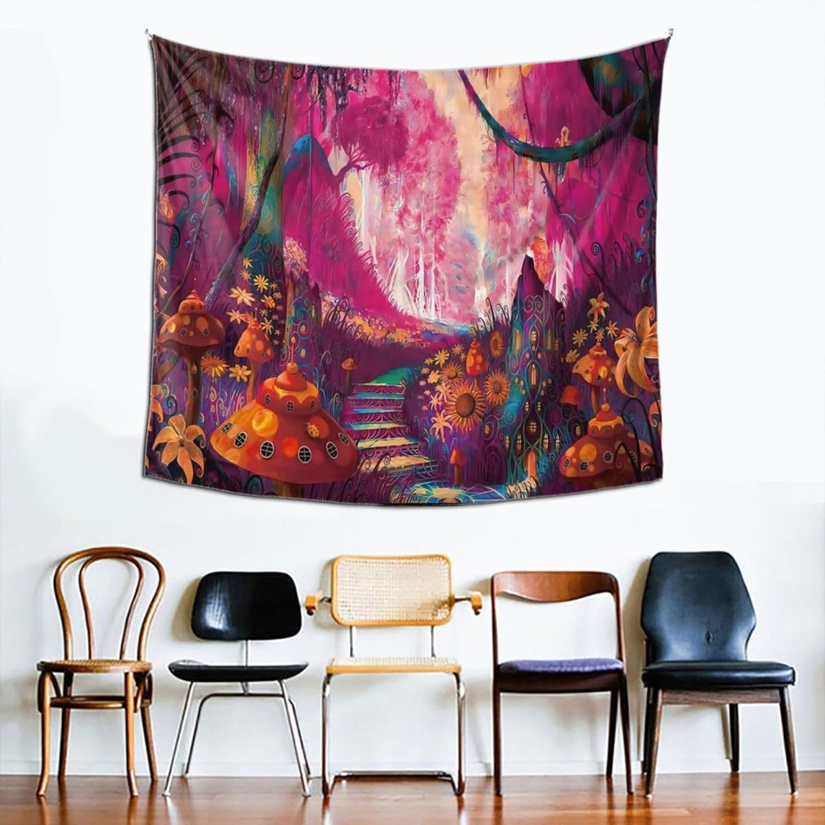 Tapiserie de perete UV, model ciuperci în pădure, 230 x 180 cm, reactivă la lumină neagră