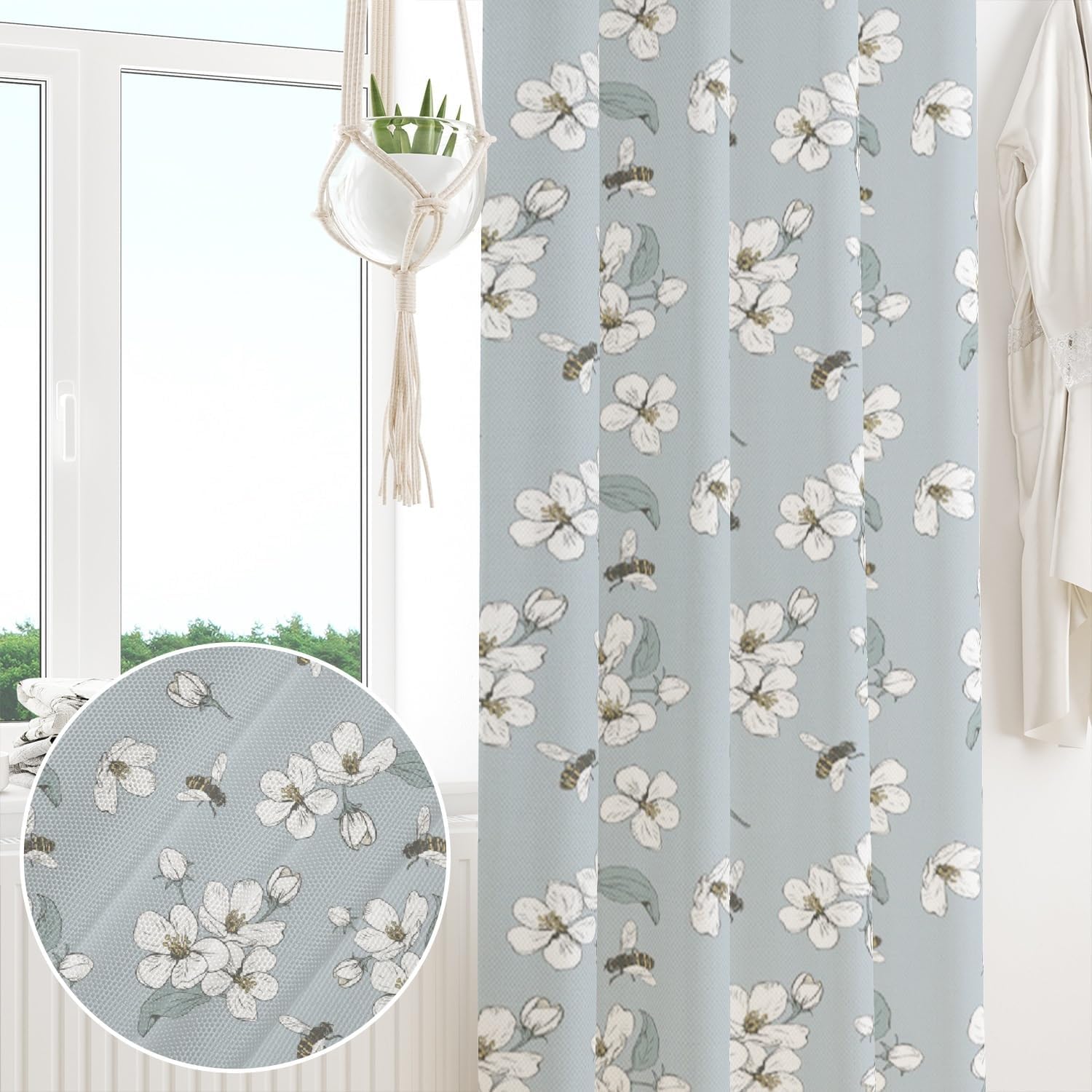 Draperie cu imprimeu floral și albine, 117 x 229 cm, opacă, cu buzunar pentru galerie, albastră