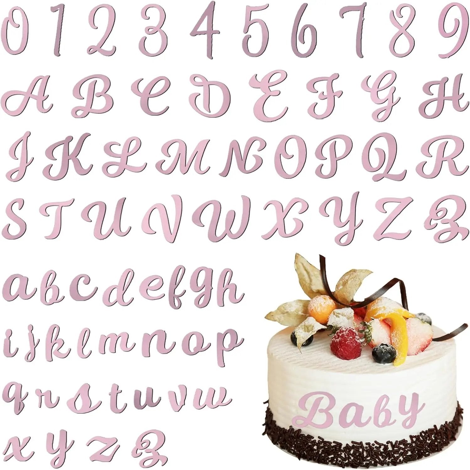 Set 64 litere pentru decor tort, acril, 6 x 5 cm, Happy Birthday, roz auriu