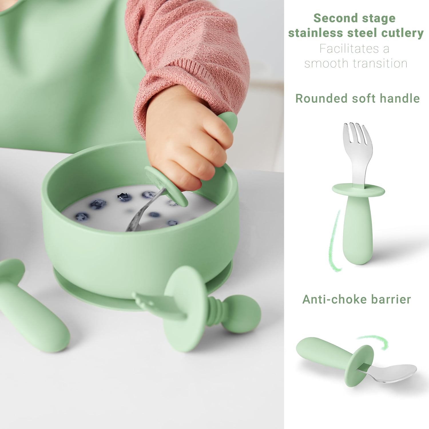 Set hranire bebelusi 10 piese, silicon alimentar, farfurie si bol cu ventuza, cana cu pai si cioc, verde