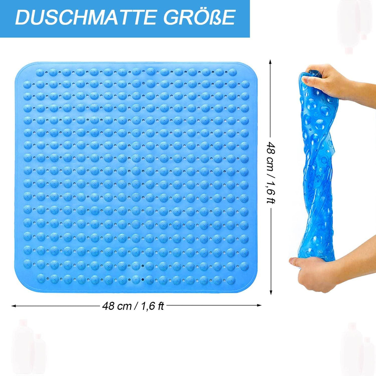 Covoraș de duș pătrat, 48 x 48 cm, din PVC, cu ventuze și orificii de drenaj, albastru marin
