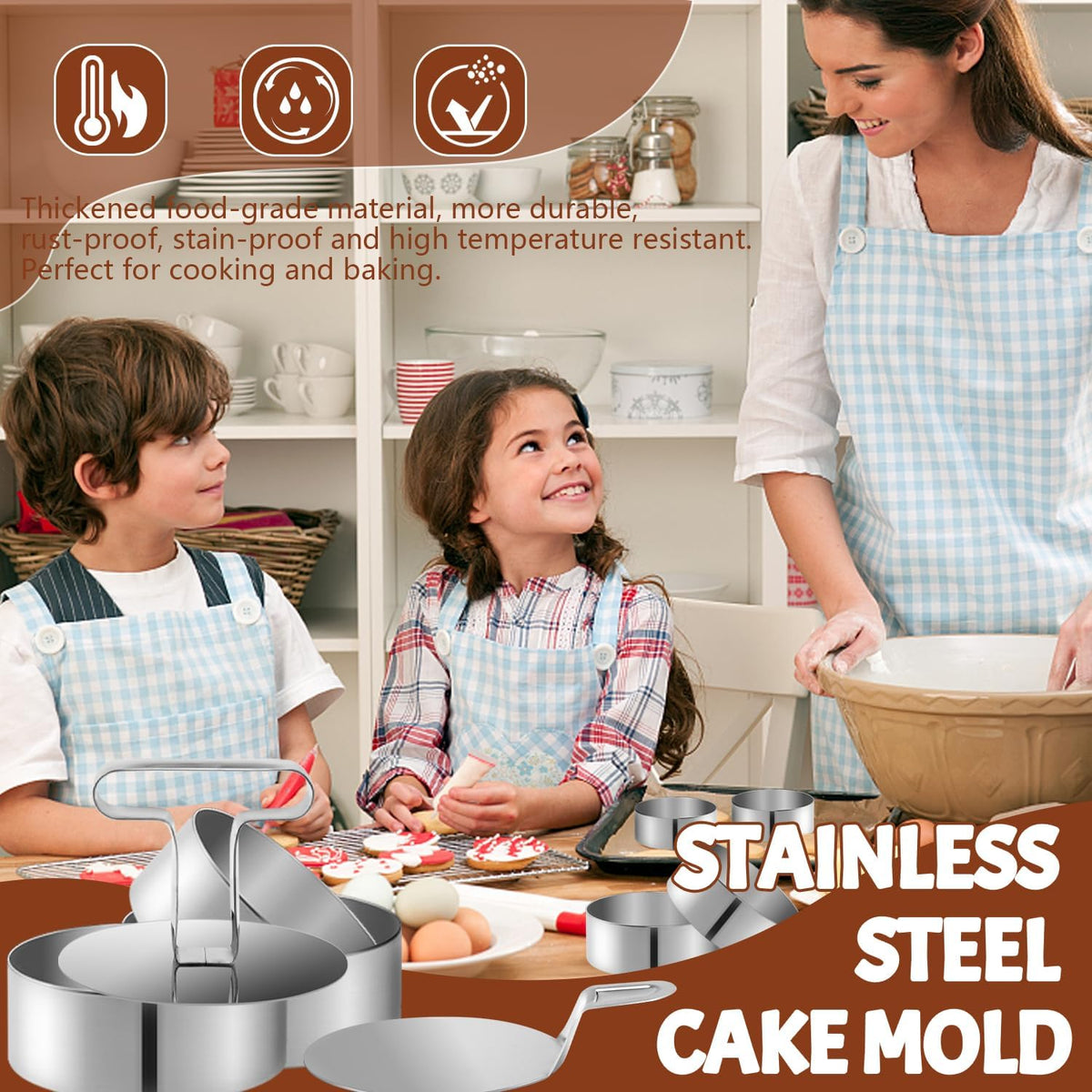 Set 6 inele pentru desert din inox, 8,8 x 3,5 cm, cu presă, spatulă de ridicare și pensulă din silicon
