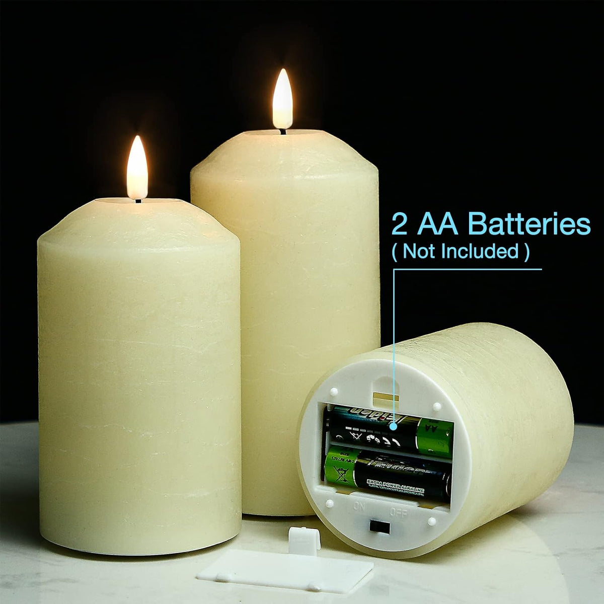 Set 3 lumanari stalp LED fara flacara, ceara de parafina, telecomanda, 7,6 cm diametru, ivoriu