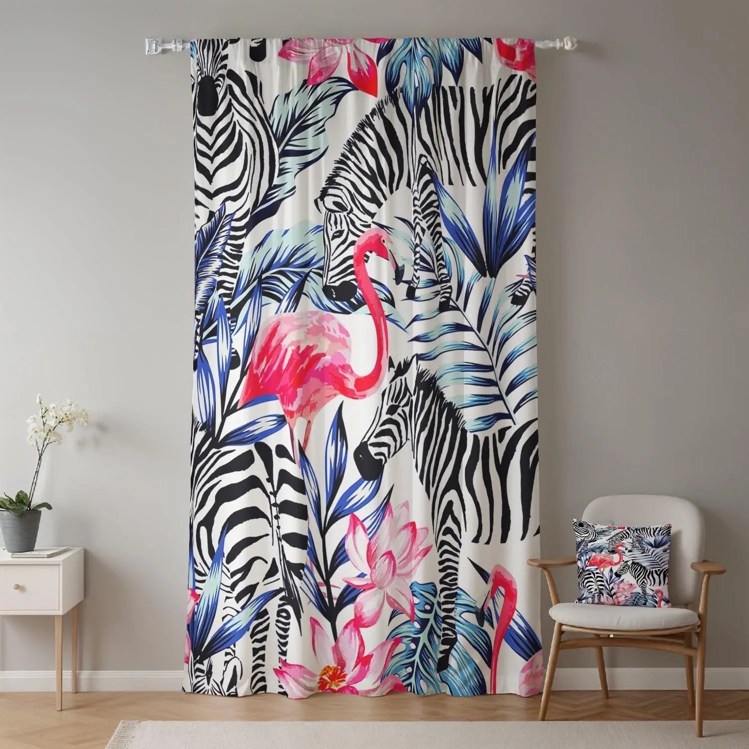 Draperie pentru cameră copii, model safari cu flamingo și zebră, 107 x 160 cm, cu buzunar pentru galerie, 1 panou