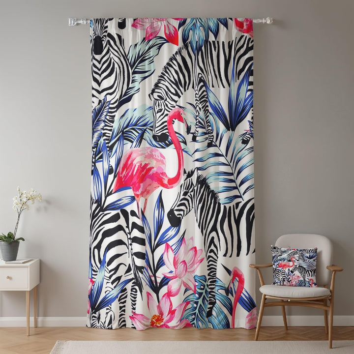 Draperie pentru cameră copii, model safari cu flamingo și zebră, 107 x 160 cm, cu buzunar pentru galerie, 1 panou