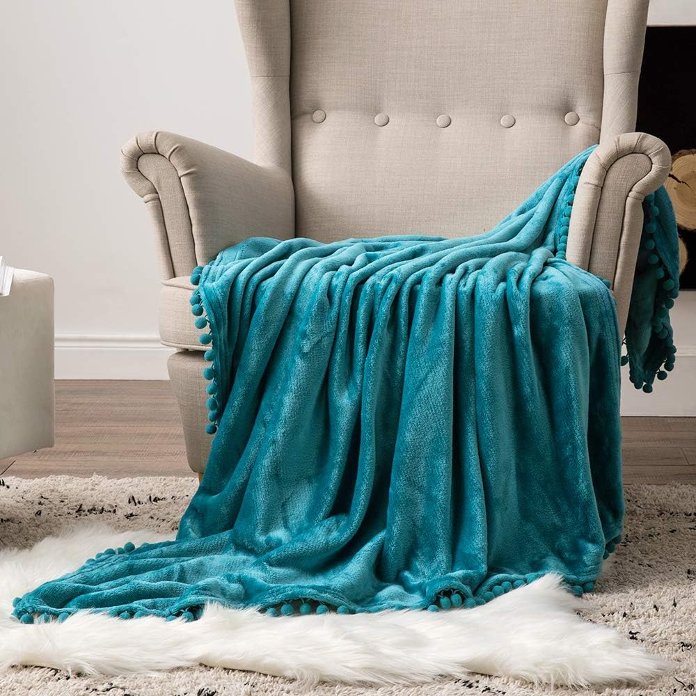 Pătură din fleece cu ciucuri, 170 x 210 cm, verde marin