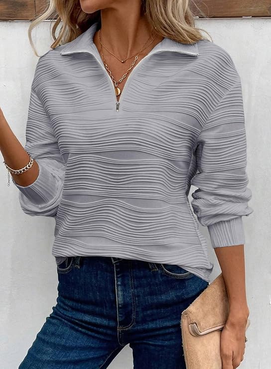 Pulover texturat cu fermoar scurt la guler Dokotoo, mânecă lungă, croială lejeră, gri, 2XL