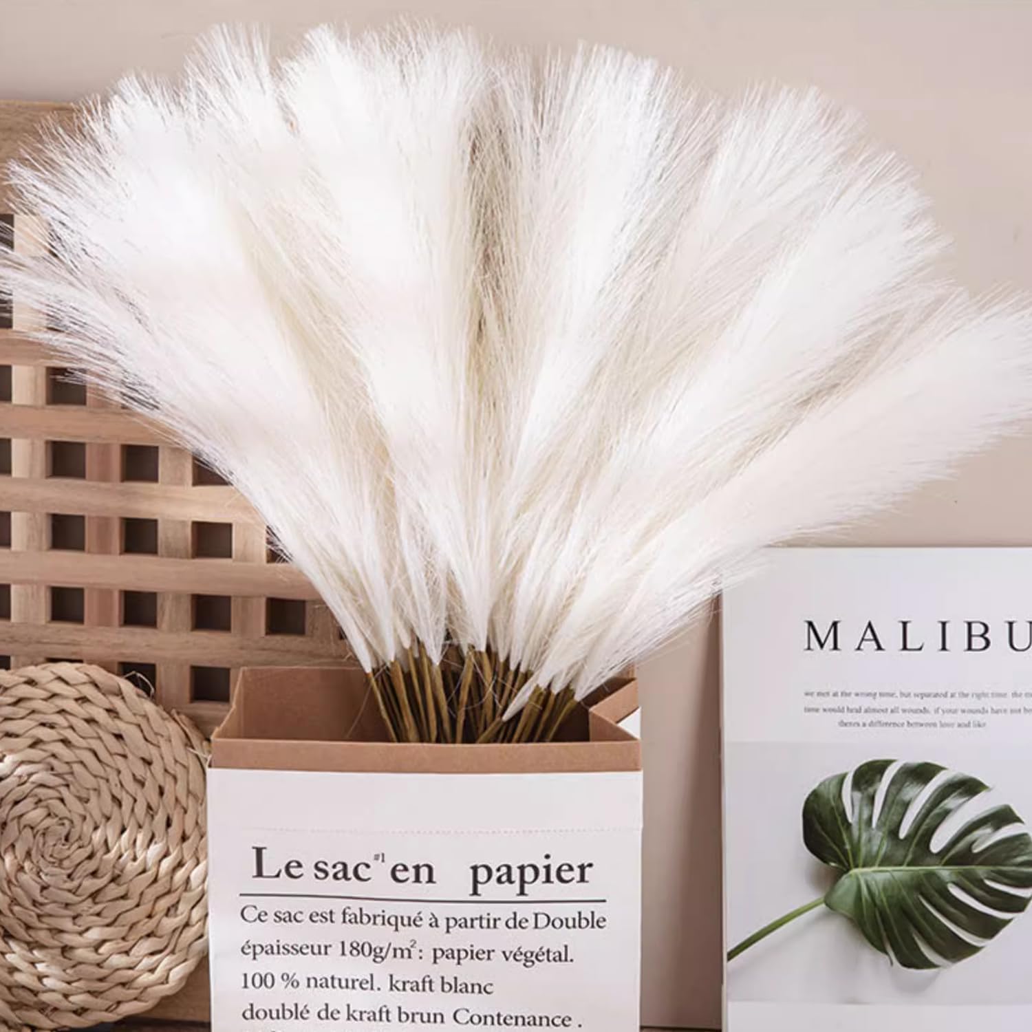 Set 6 fire de iarbă de pampas artificială, 45 cm, maleabile, alb