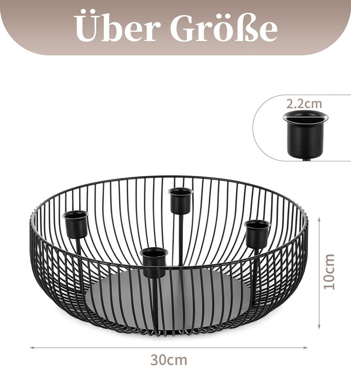 Suport pentru 4 lumânări conice, metal, 30 x 10 cm, suport tip bol, negru