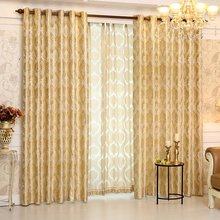 Set 2 draperii jacquard, filtrare lumină 60%, lavabile la mașină, 230 x 140 cm, aurii