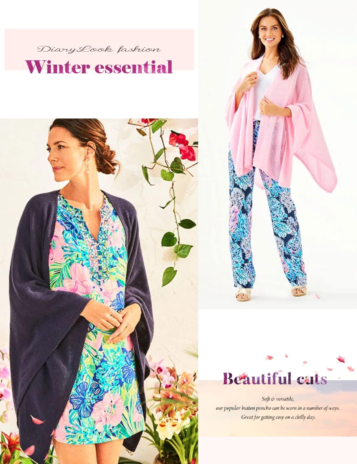 DiaryLook Cashmere Feeling Knitted Poncho Women's Elegant Long Cape Women's Poncho for Women Soft Buttons Lightweight Wrap Scarf Cardigan for Spring Summer Winter Gift for Women