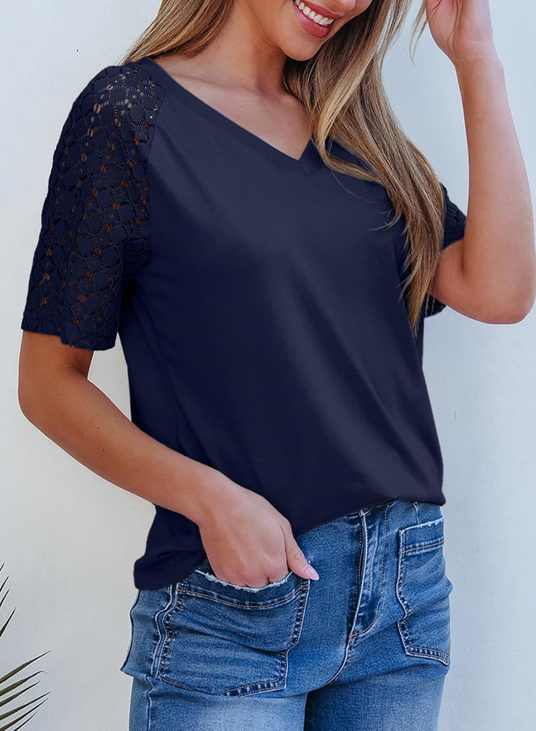 Dokotoo Women's T-Shirt Summer Lace Short Sleeve Blouse Shirt Casual V-Neck Loose Tops Shirts Top S-2XL