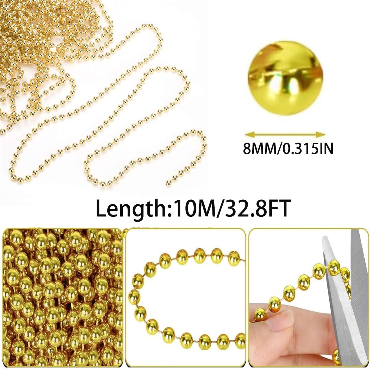 Ghirlanda cu margele, 10 m, perle artificiale 8 mm, pentru brad si decoratiuni