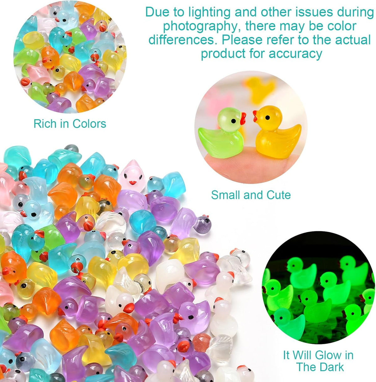 Set 104 figurine mini rațe din rășină, fosforescente, 20 culori, 1,5 x 1,7 cm, pentru decor acvariu și grădină miniaturală