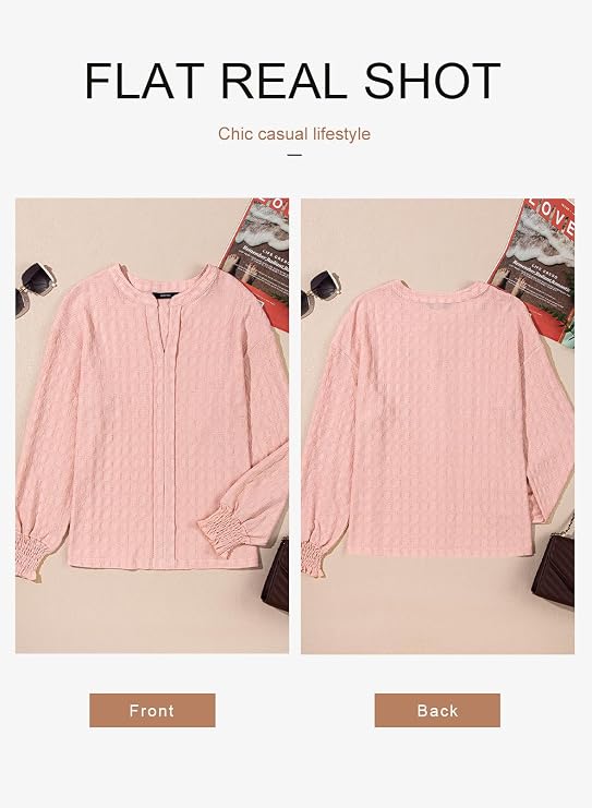 Bluză cu decolteu în V Dokotoo, mâneci lungi, croială lejeră, roz, 2XL