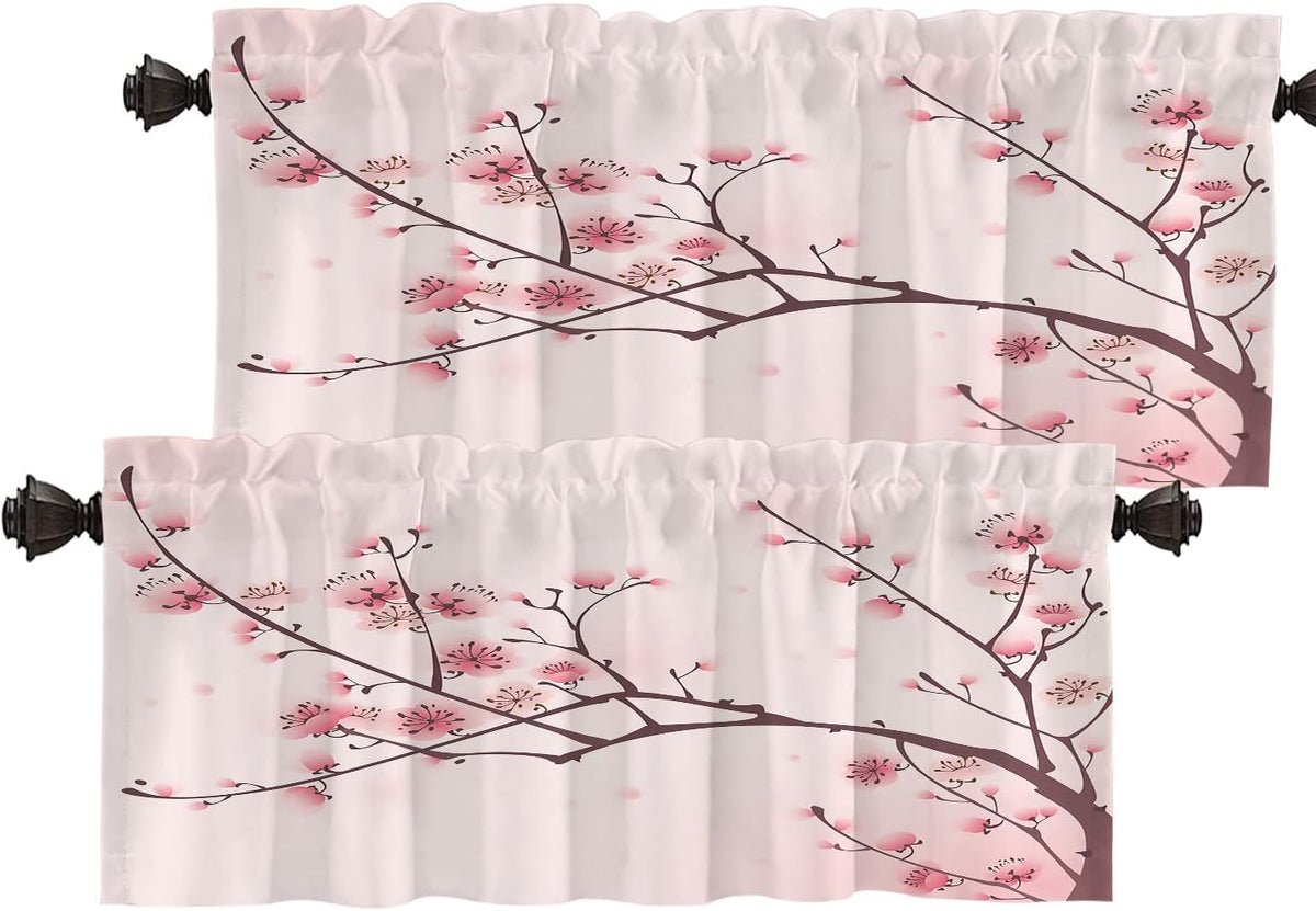 Set 2 draperii scurte decorative pentru fereastră, model flori de cireș și ramuri de prun, 132 x 40,6 cm, roz