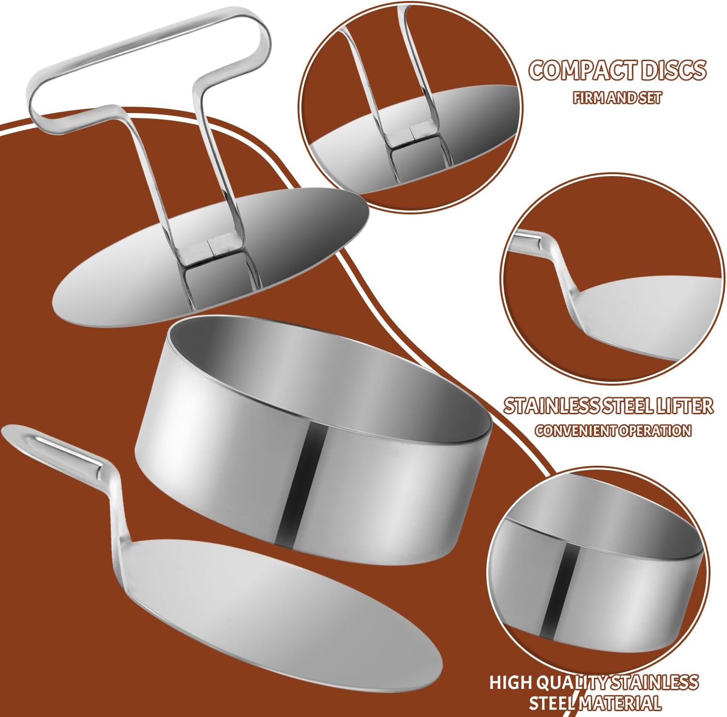 Set 6 inele pentru desert din inox, 8,8 x 3,5 cm, cu presă, spatulă de ridicare și pensulă din silicon