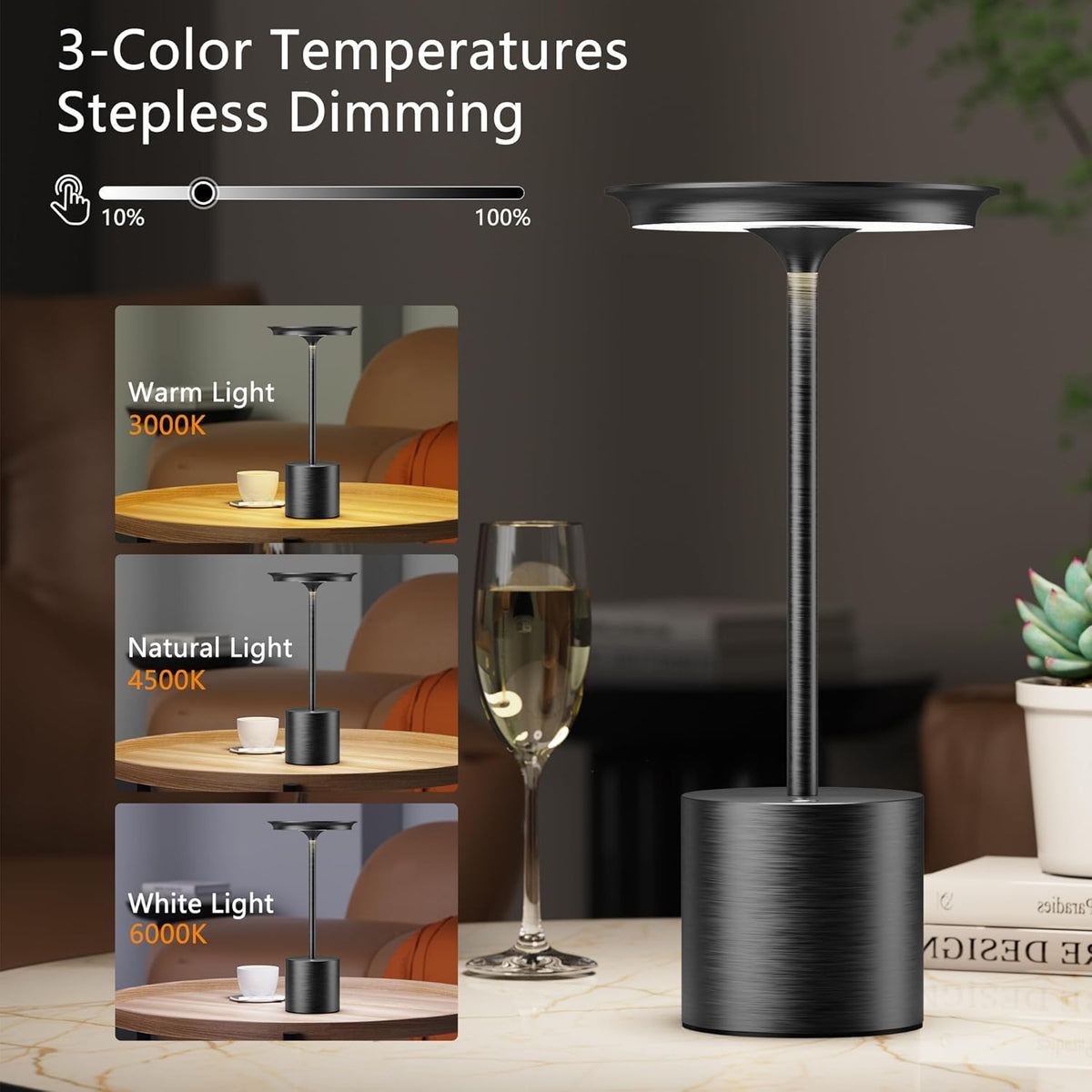 Set 2 lămpi LED de masă, 3 temperaturi de culoare, intensitate reglabilă, baterie 6000 mAh, IP54, negre