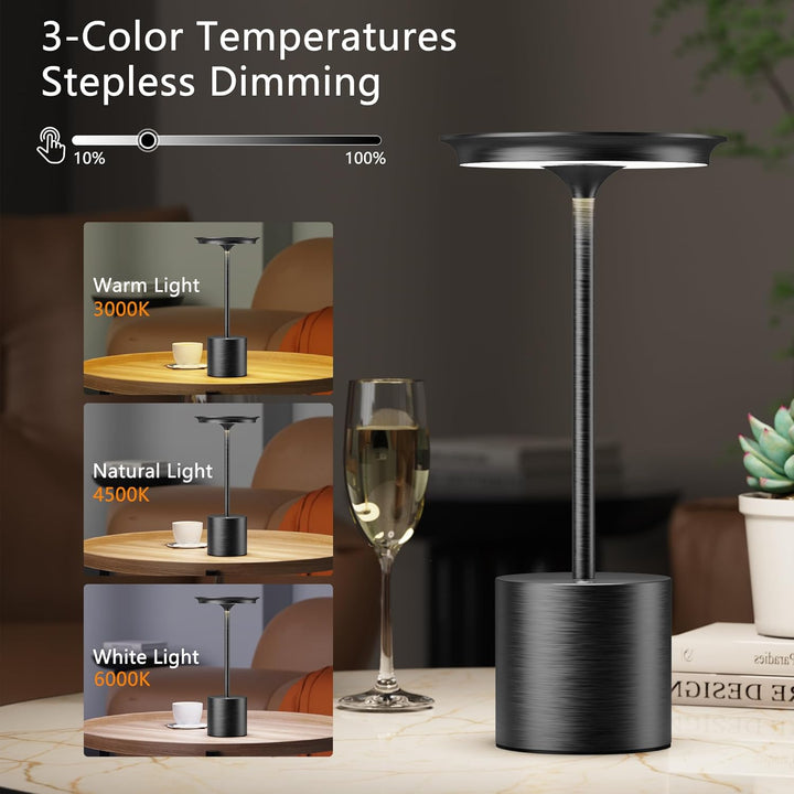 Set 2 lămpi LED de masă, 3 temperaturi de culoare, intensitate reglabilă, baterie 6000 mAh, IP54, negre