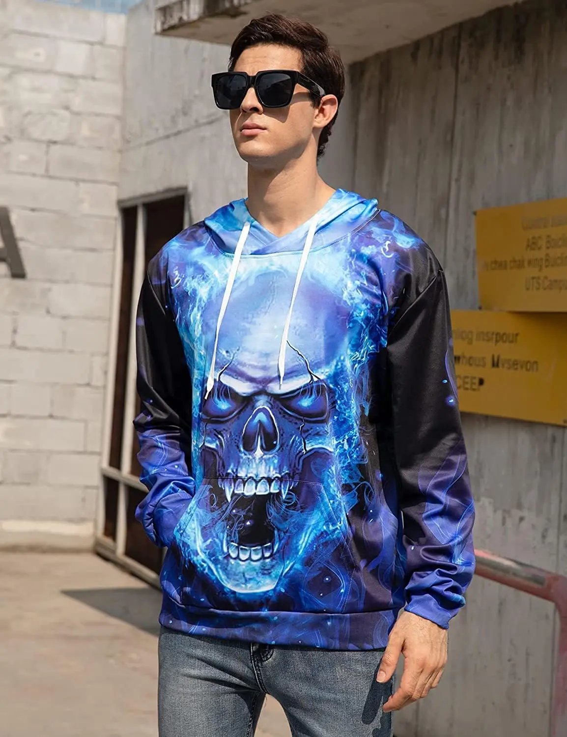 Hanorac unisex cu imprimeu 3D, poliester și spandex, mâneci lungi, buzunar tip marsupiu, mărimea M