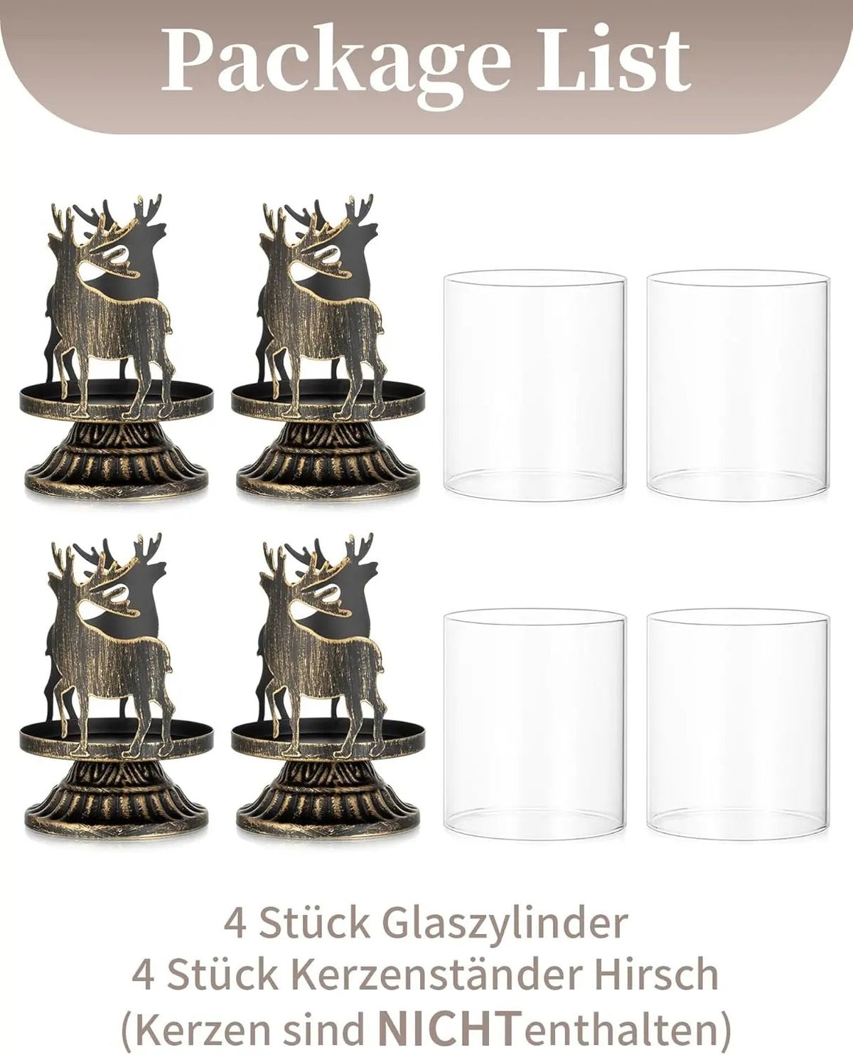 Set 4 suporturi pentru lumânări pastilă, metal și sticlă, model ren, 12 x 8 cm, negru