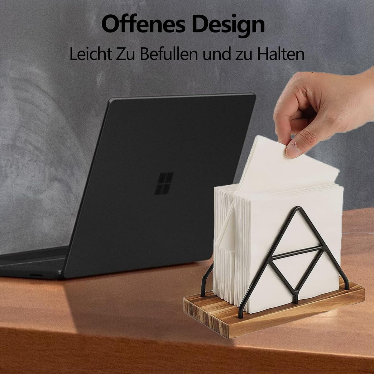 Suport servetele lemn si metal, 17 x 12,7 x 8,5 cm, design triunghiular, negru