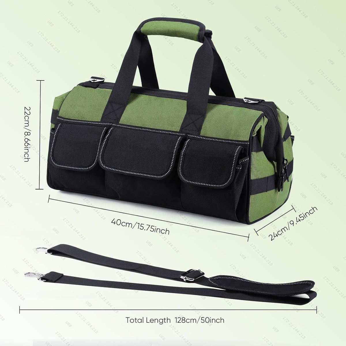 Geanta pentru electricieni 40 x 24 x 22 cm, material Oxford, rezistenta la apa, cu bretea si buzunare multiple, verde