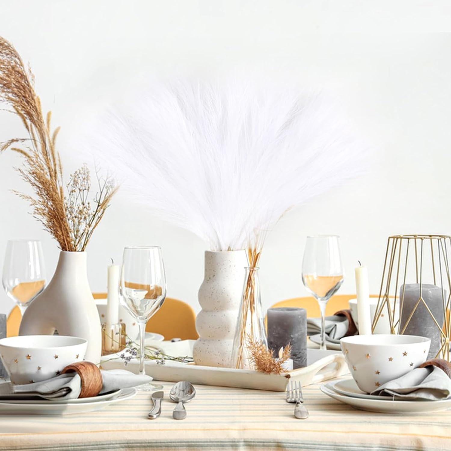 Set 6 fire de iarbă de pampas artificială, 45 cm, maleabile, alb