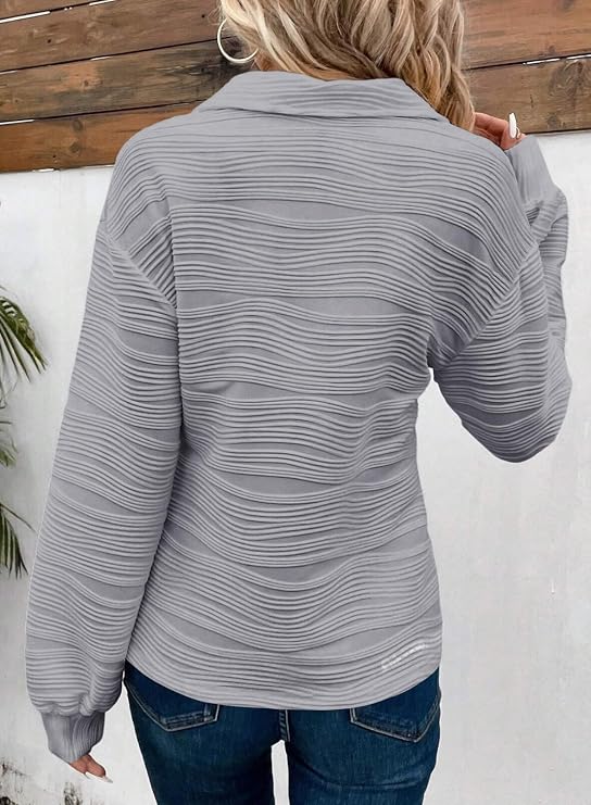 Pulover texturat cu fermoar scurt la guler Dokotoo, mânecă lungă, croială lejeră, gri, 2XL
