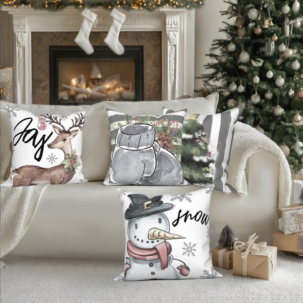 Set 4 huse perna 45 x 45 cm, patrate, fermoar invizibil, model Craciun verde si gri