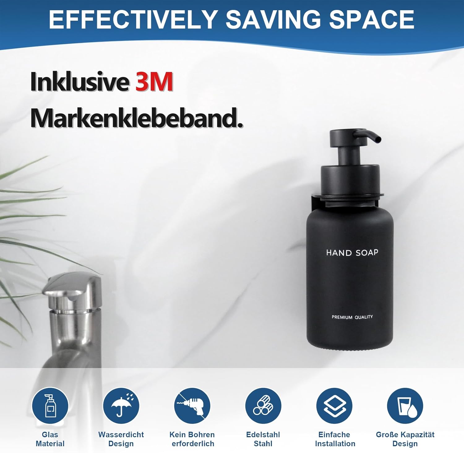 Set 2 dozatoare sapun lichid si lotiune din sticla, montaj perete autoadeziv, pompa din inox, 400 ml