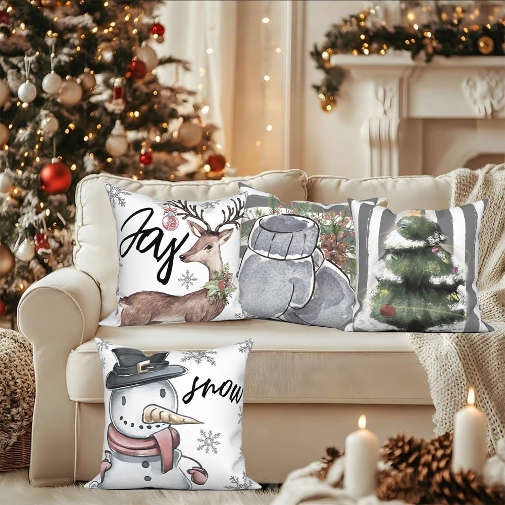 Set 4 huse perna 45 x 45 cm, patrate, fermoar invizibil, model Craciun verde si gri