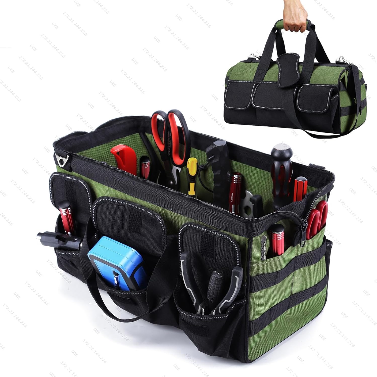 Geanta pentru electricieni 40 x 24 x 22 cm, material Oxford, rezistenta la apa, cu bretea si buzunare multiple, verde