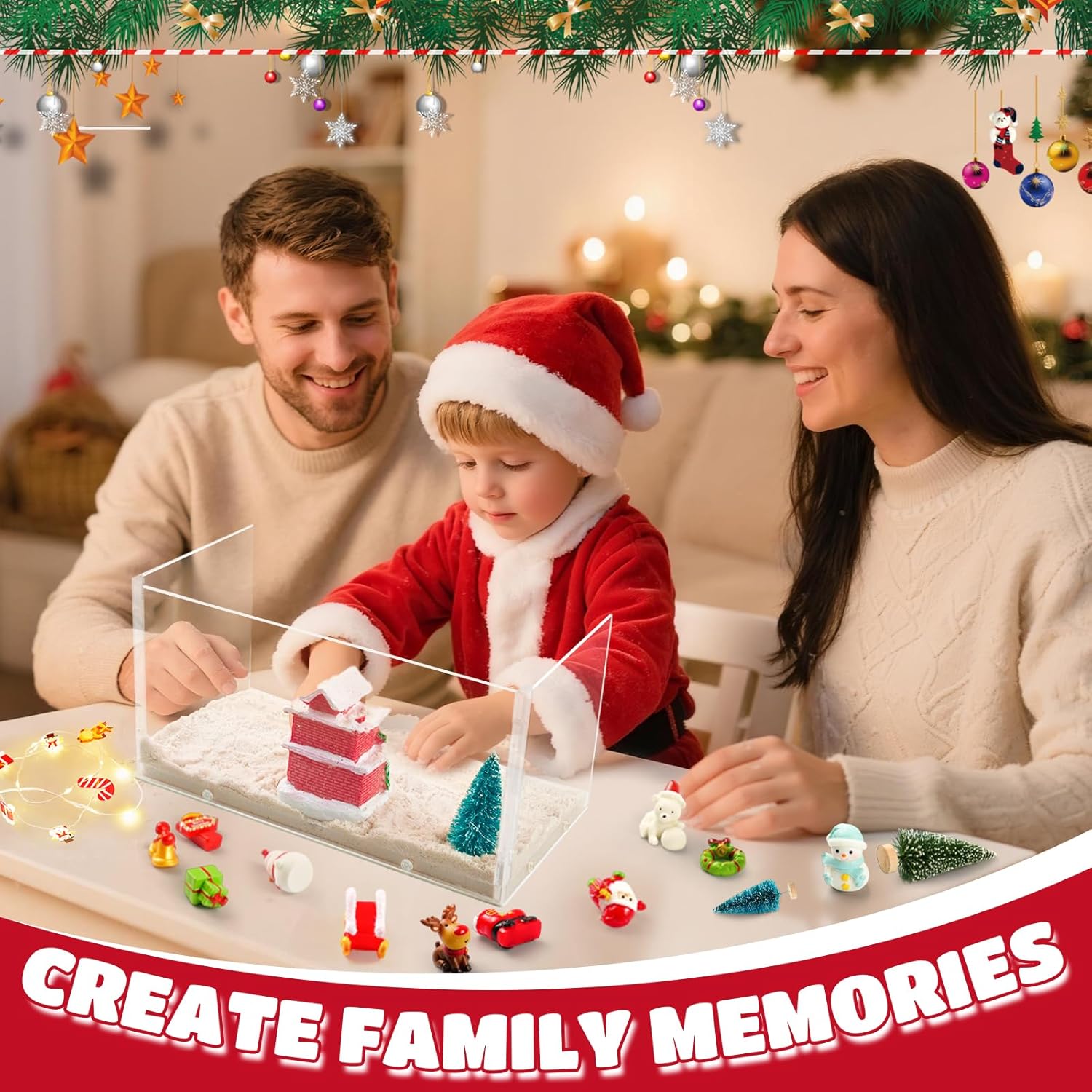 Set decorațiune de Crăciun cu figurine din rășină, scenă mini de iarnă luminoasă, nisip modelabil, lumini LED
