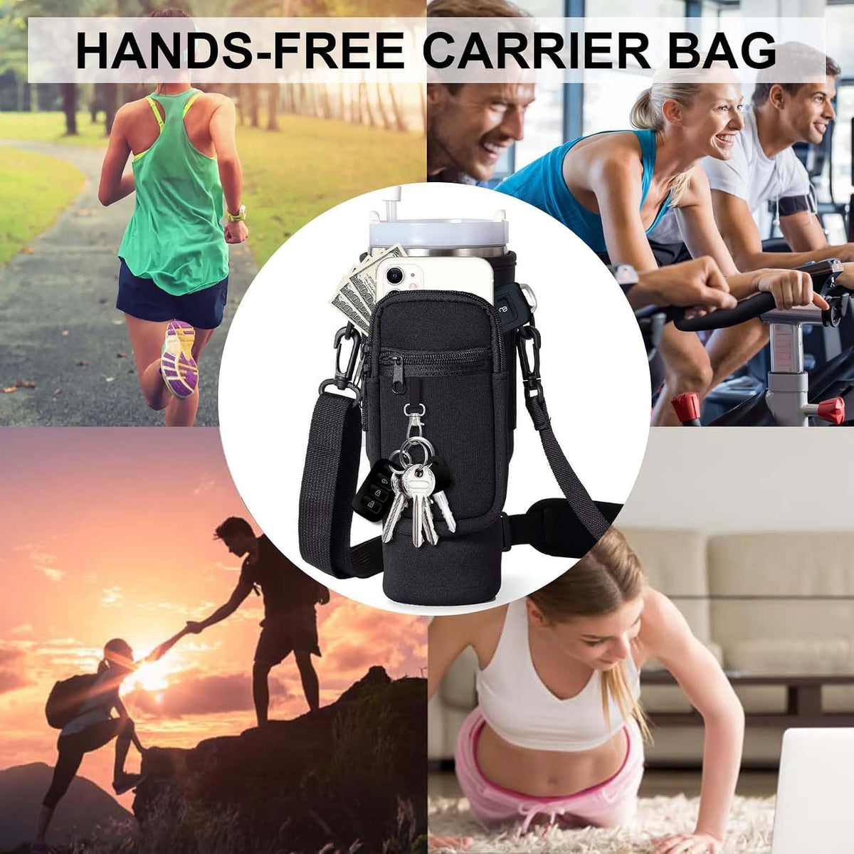 Water Bottle Carrier Bag for Stanley Cup 40oz, Water Bottle Holder with Phone Pocket,Adjustable Shoulder and Carabiner Clip,Stanley Cup Holder for Walking Hiking Camping Travelling (Black)