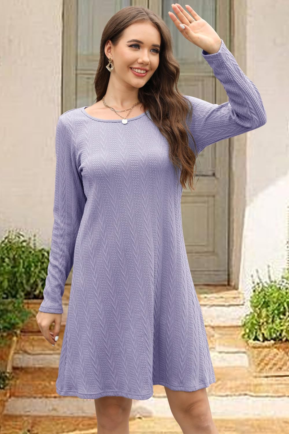 Rochie tricotată midi, mânecă lungă, guler rotund, mov, XL