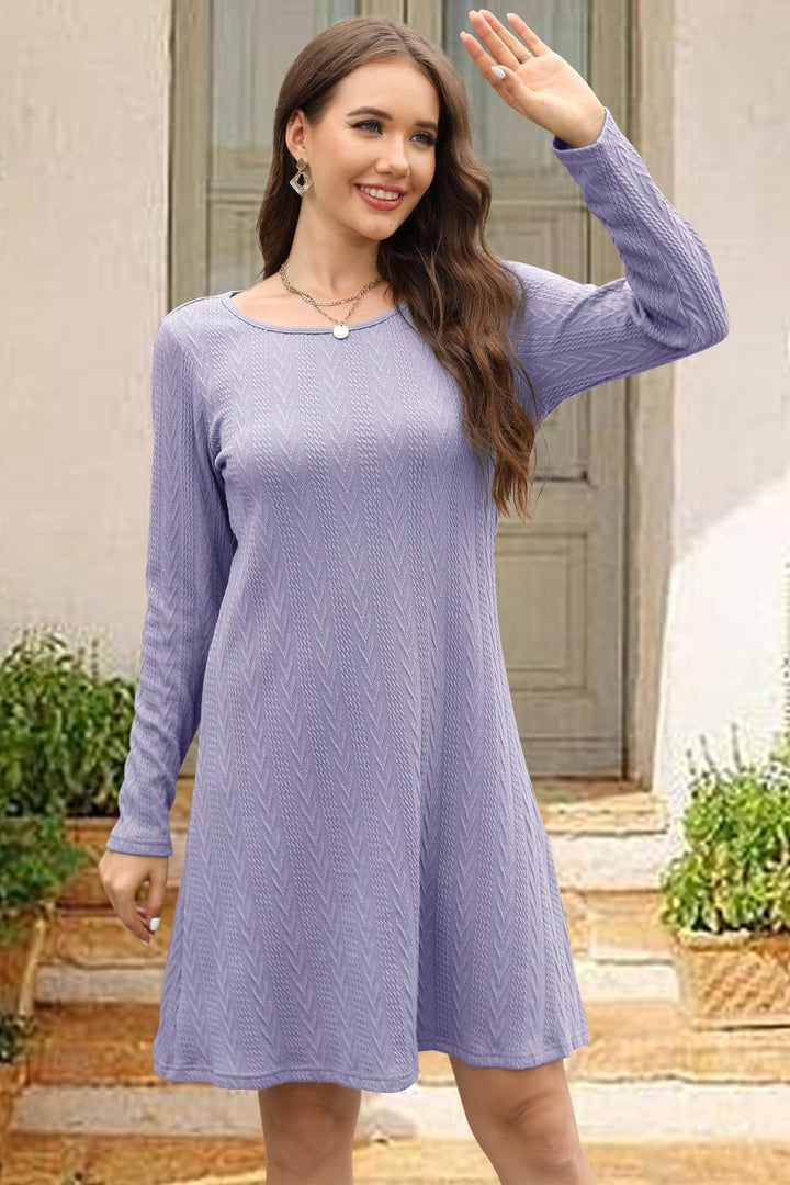 Rochie tricotată midi, mânecă lungă, guler rotund, mov, XL