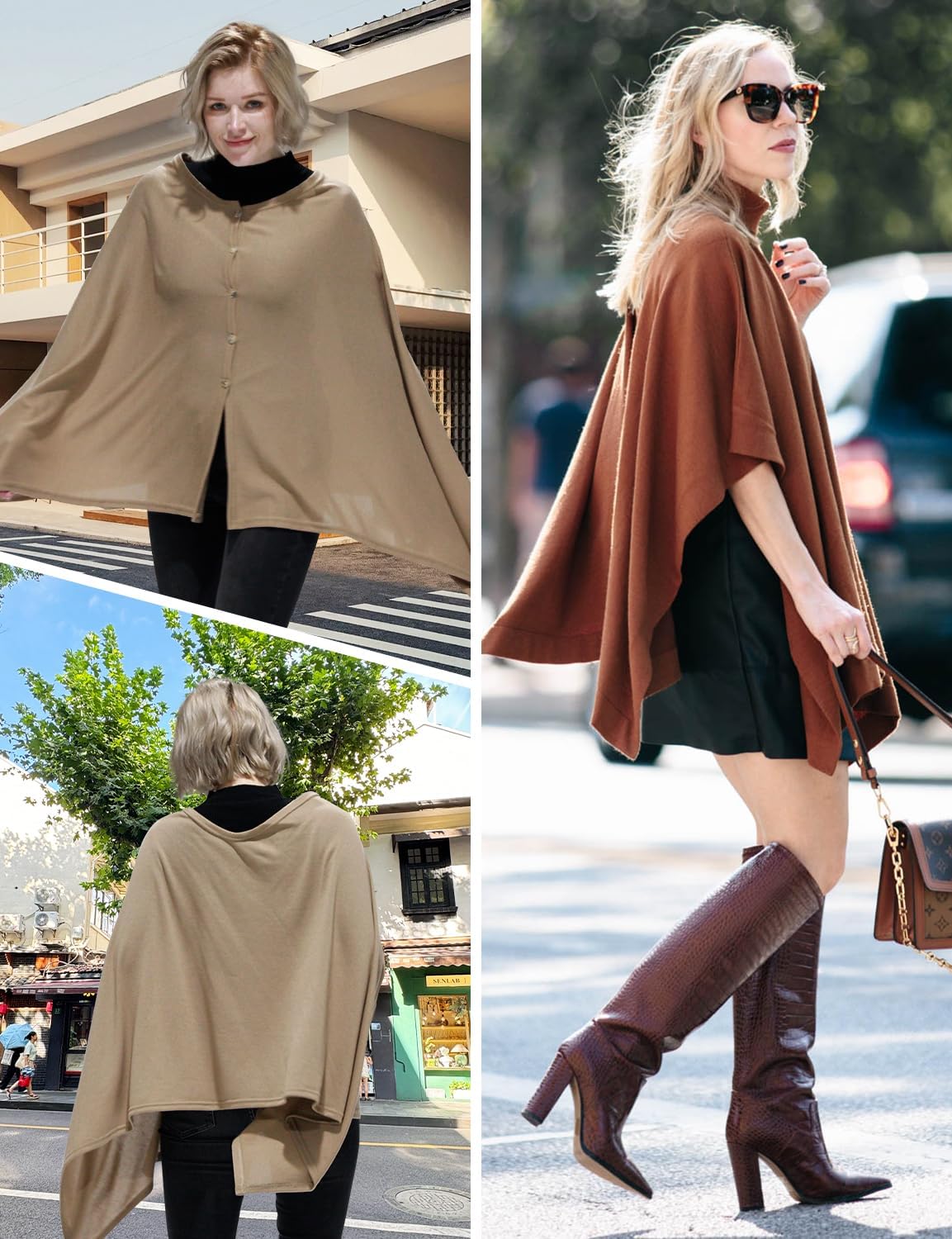 DiaryLook Cashmere Feeling Knitted Poncho Women's Elegant Long Cape Women's Poncho for Women Soft Buttons Lightweight Wrap Scarf Cardigan for Spring Summer Winter Gift for Women