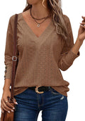 Dokotoo Blouse Women's Elegant Tops Long Sleeve V-Neck Pullover Shirt Spring Women's Blouses Hollow Lace Embroidered Top Shirts Chic Buttons Cuffs Blouses Shirts Plain Tops Camel L, Camel