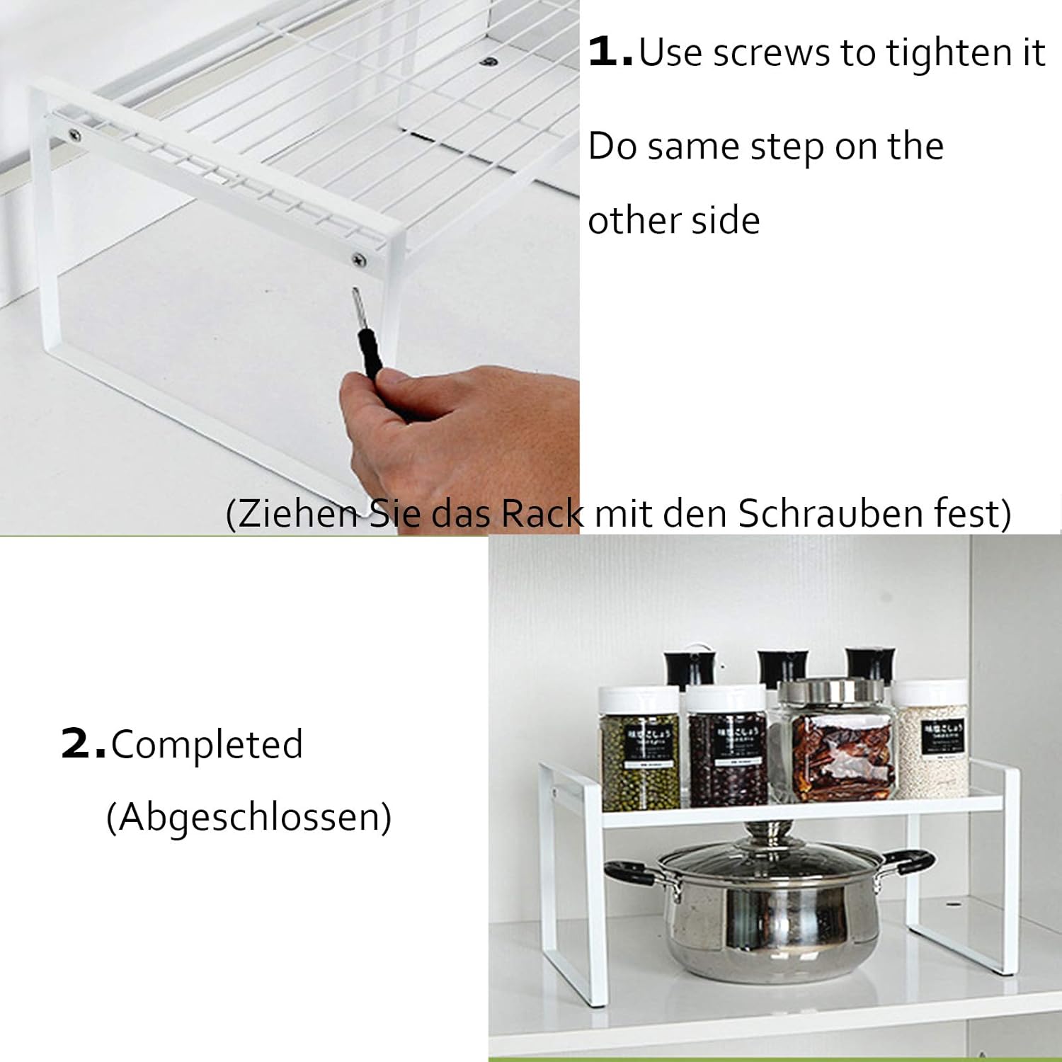 Raft organizator extensibil pentru dulap de bucătărie, metal, reglabil 36-60 cm, 2 opțiuni de înălțime, alb
