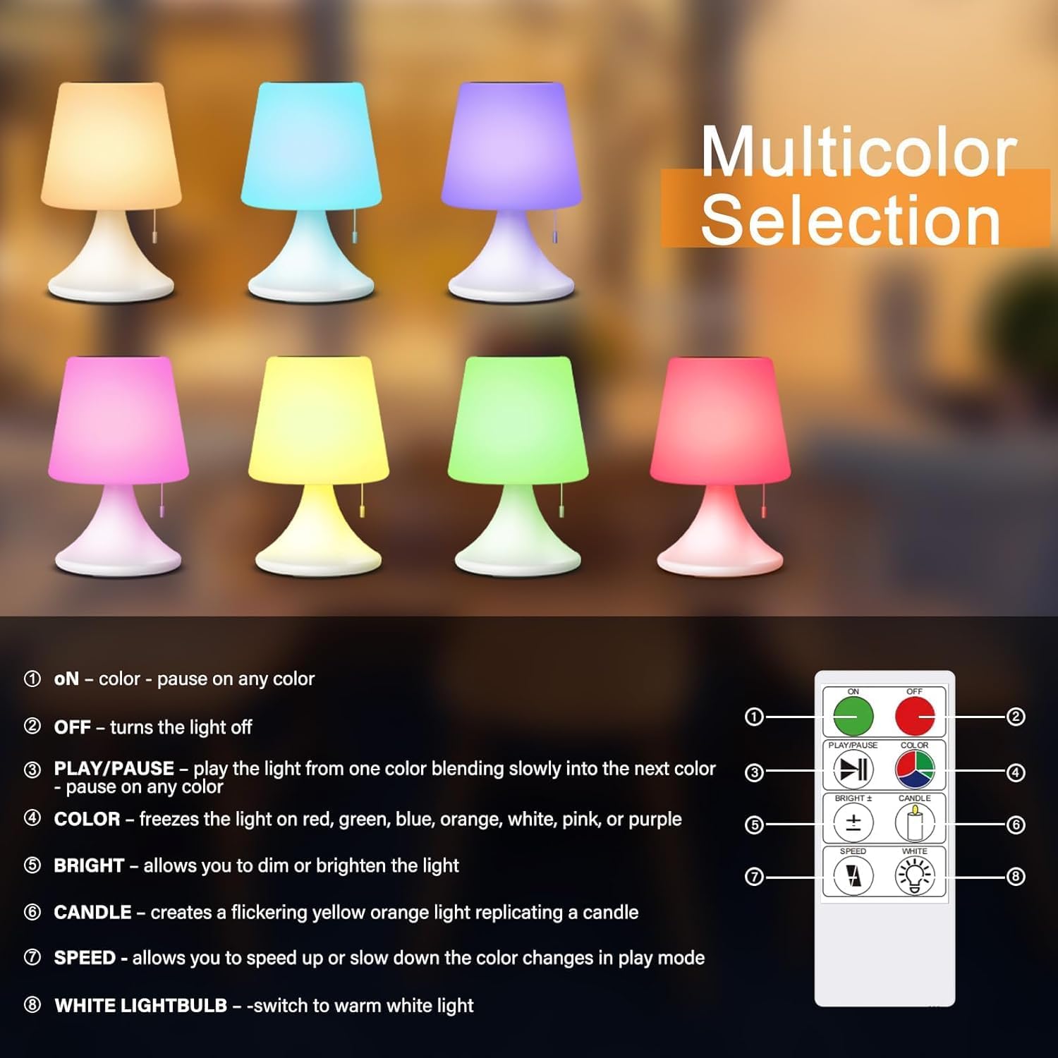 Lampa de masa LED pentru exterior cu telecomanda, reincarcabila solar si USB, 8 culori, reglabila, IP44