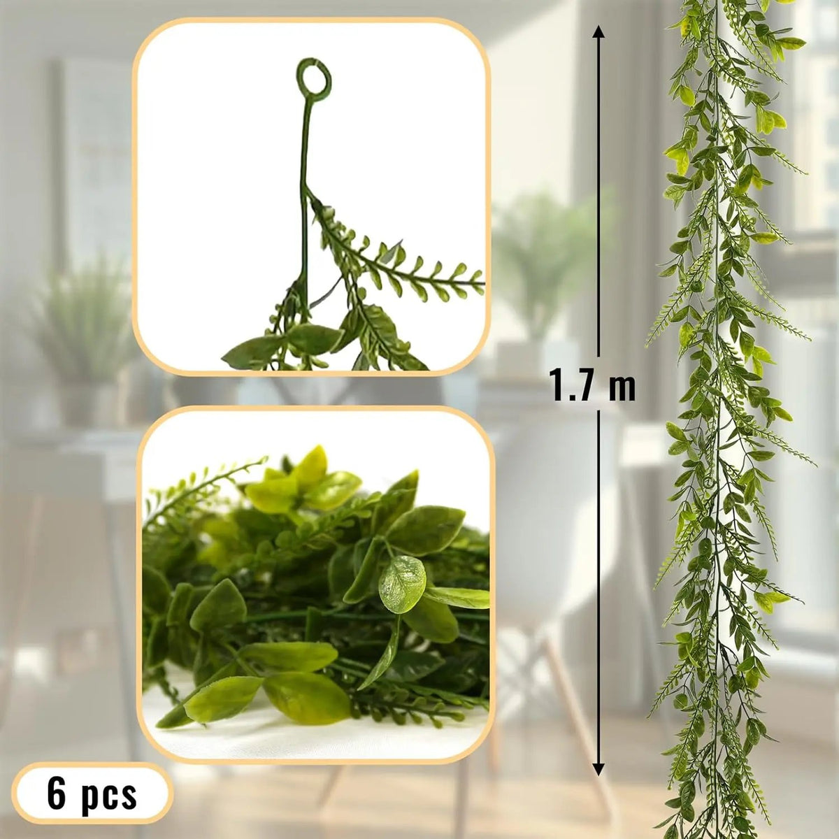 Set 6 ghirlande artificiale cu frunze de iederă, 1,7 m fiecare, din plastic, pentru decor balcon și perete, verde