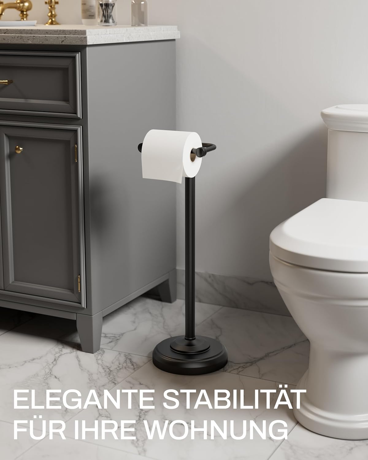 Suport stativ hartie igienica 56 cm, inox, baza grea, depozitare 4 role, negru