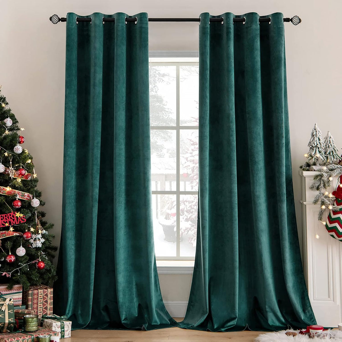Set 2 draperii catifelate cu inele, 140 x 290 cm, opace, verde închis